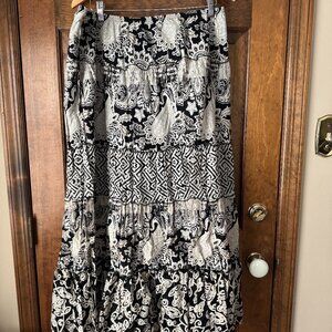Style & Co Pull-On Cotton Black Ivory & Taupe Paisley Maxi Skirt Large